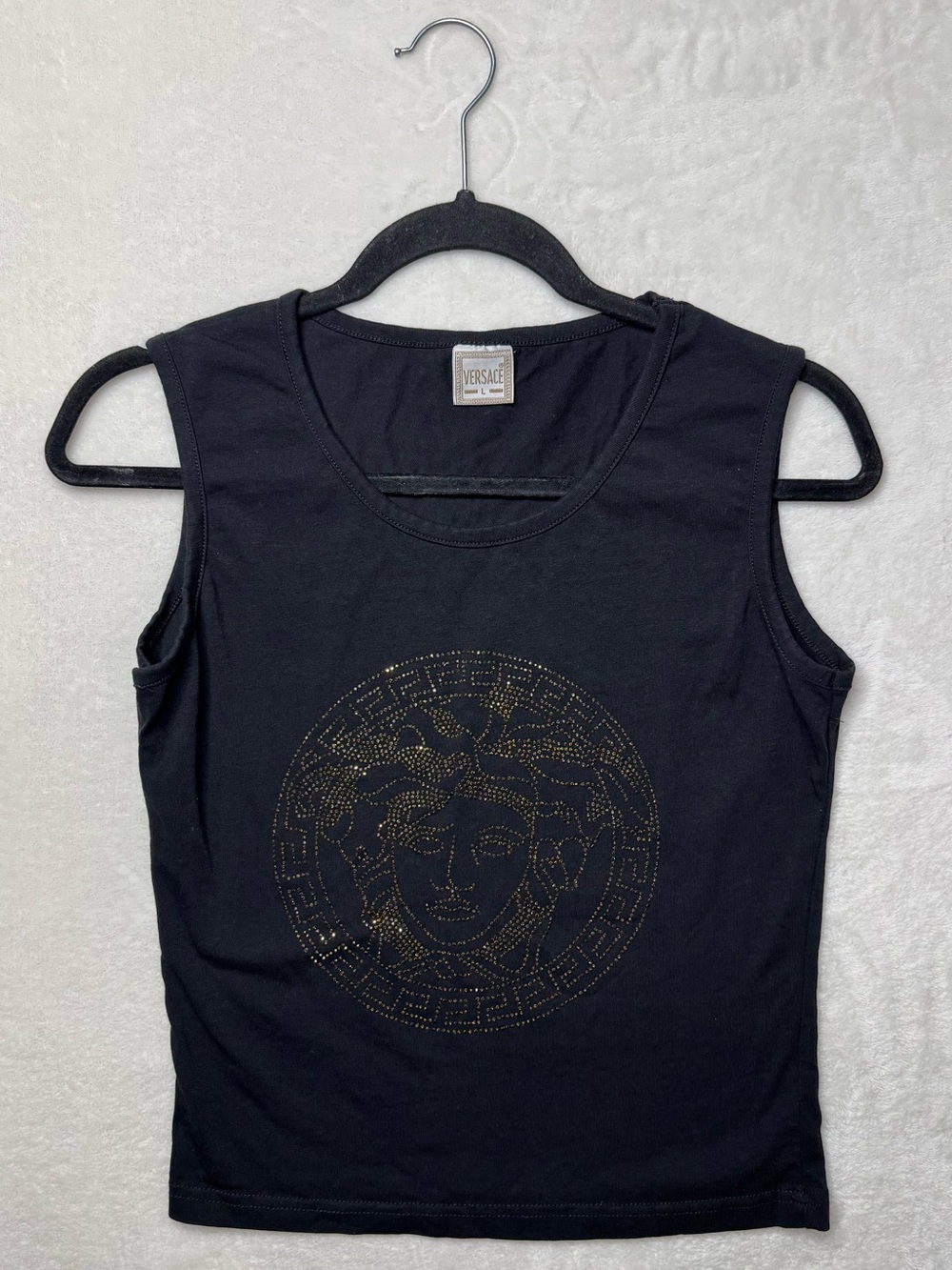 Y2k Style Black Sleeveless Tank Top with Gold Medusa Stud Detail Large